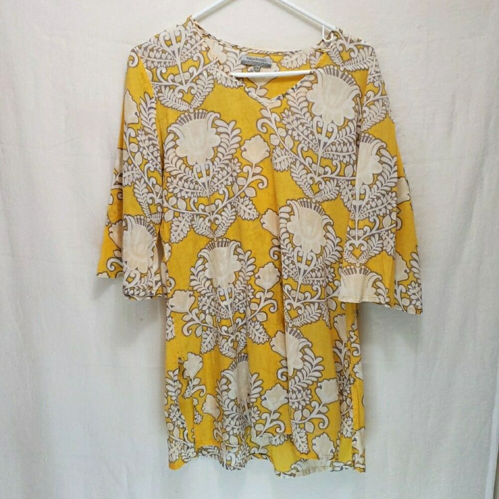 World Market Yellow Floral Tunic Top S/M Damask Block Print Sheer Cotton